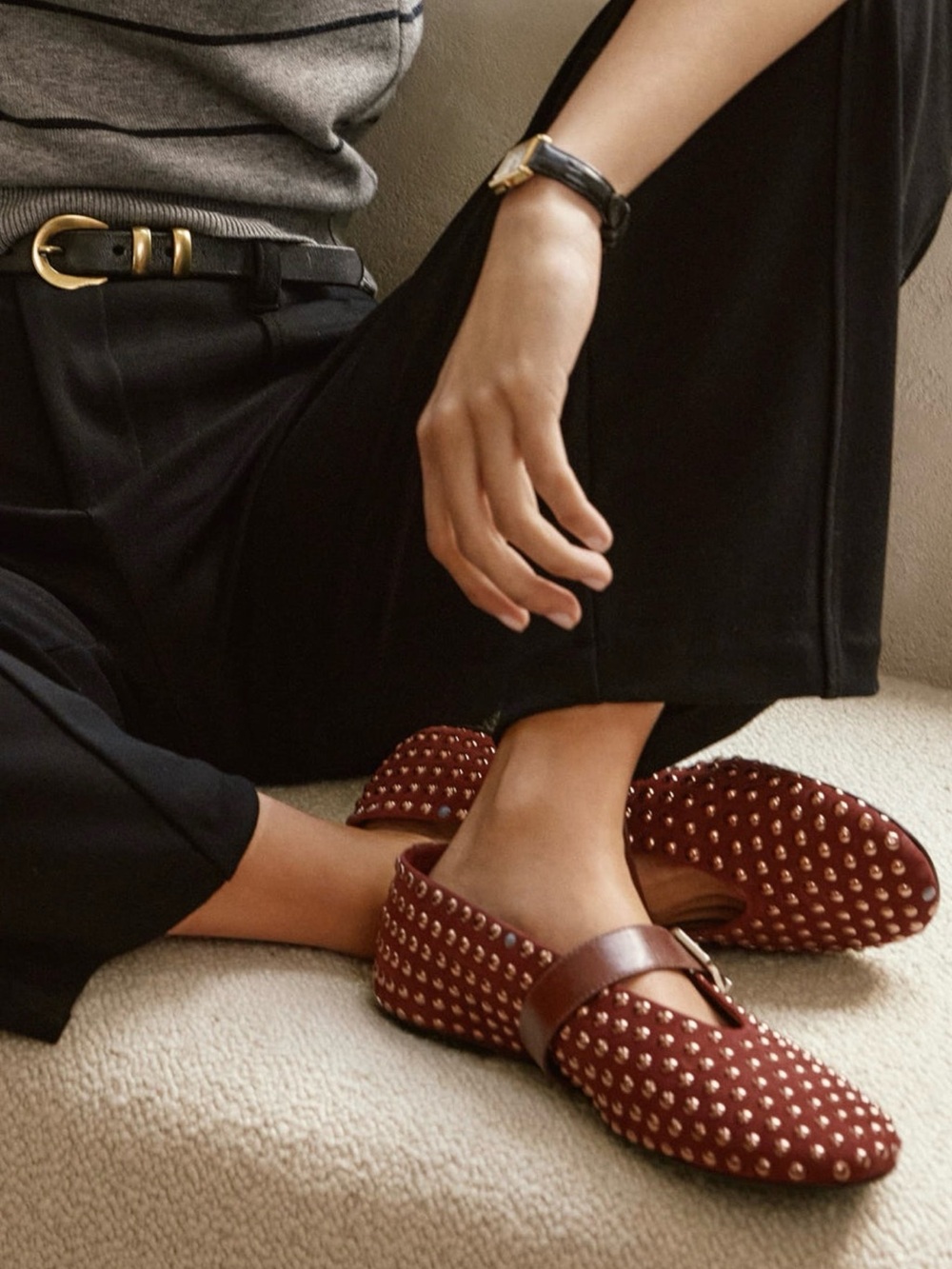 SCHUTZ Eiza Shine Vino Burgundy Studded Mary Jane Flats with Buckle - Picture 2 of 8